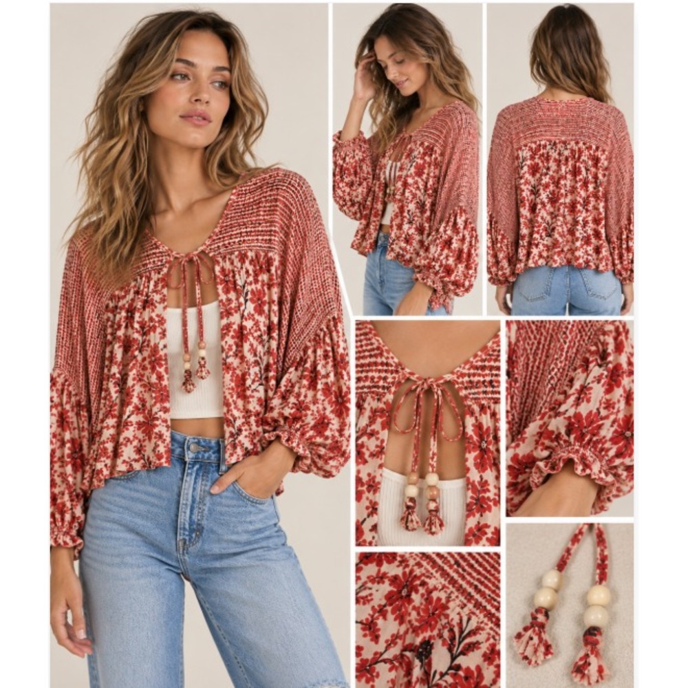Boho Free People Balloon Sleeve S Open Tie Front Peasant Kimono Cardigan Botanic